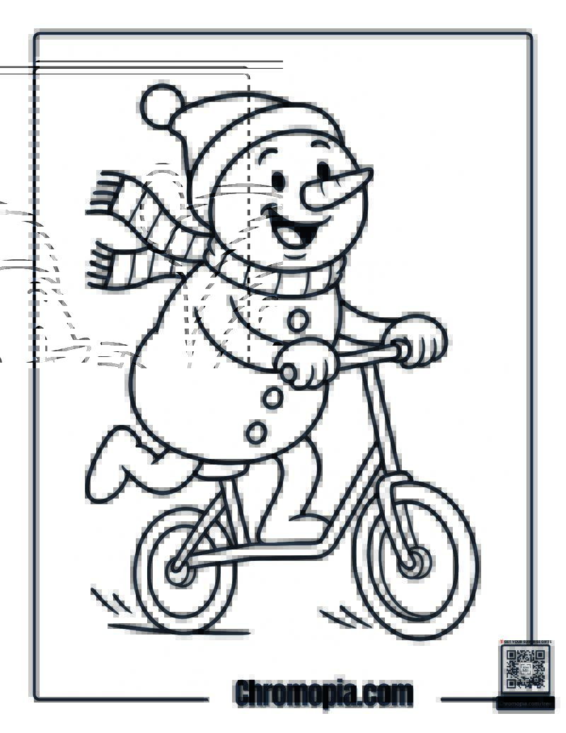 Snowman Riding a Scooter Coloring Page