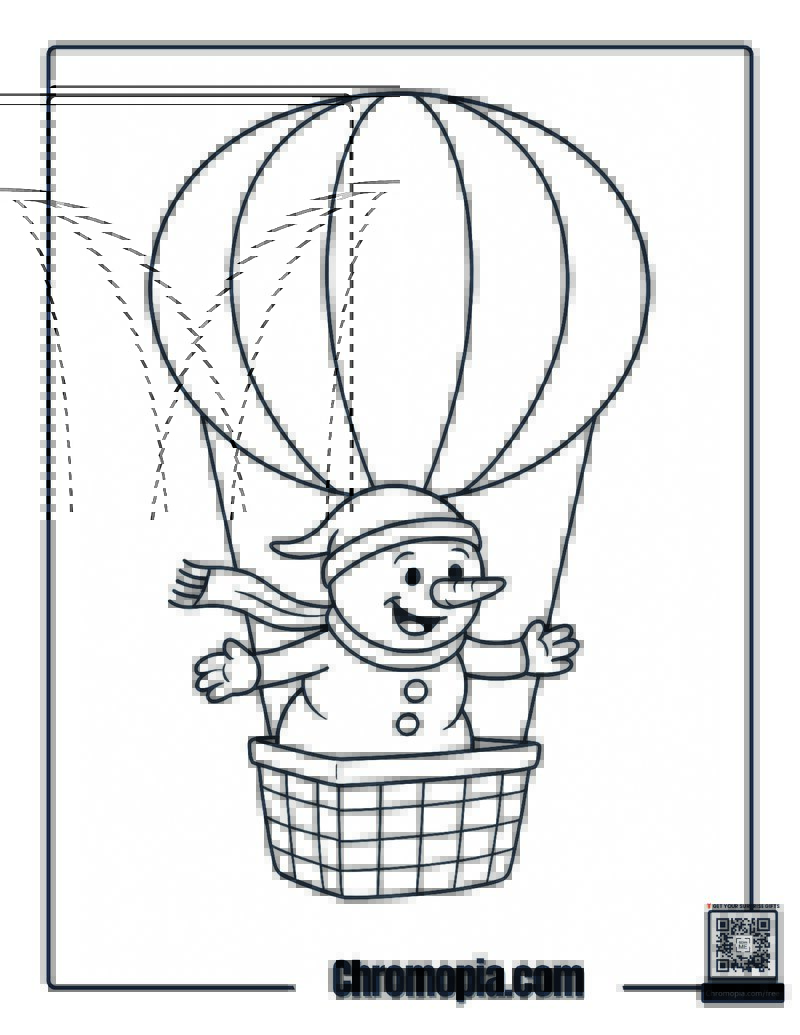 Snowman in a Hot Air Balloon Coloring Page