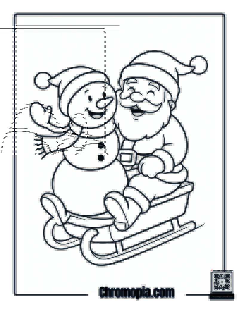 Snowman riding with Santa claus Coloring Page