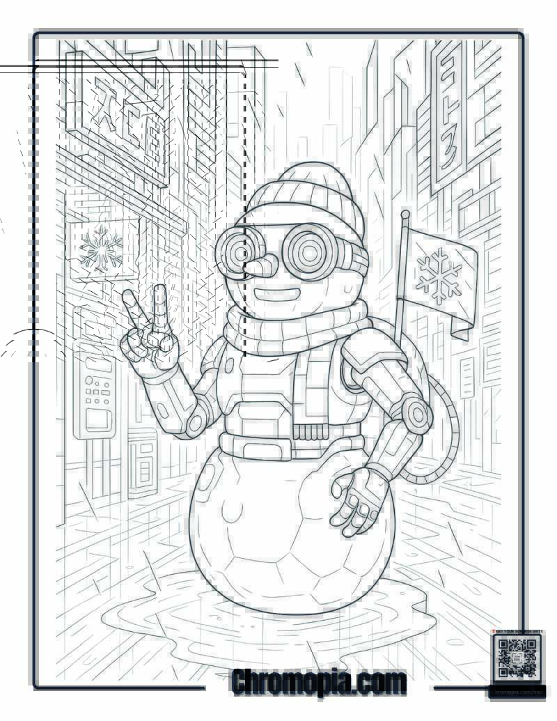 Cyberpunk Snowman in a Neon Ice City Coloring Page