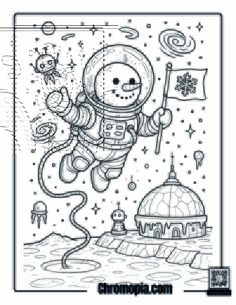 Galactic Snowman on a Frozen Moon Base Coloring Page