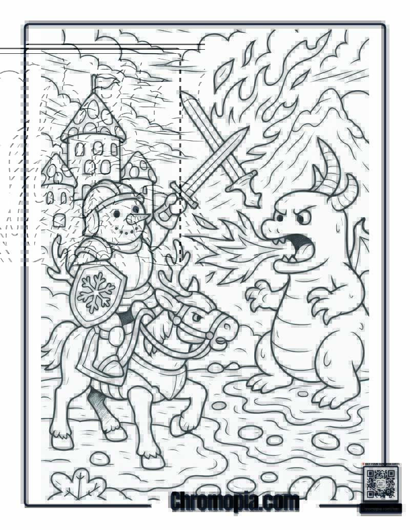 Snowman Knight Battling a Fire-Breathing Marshmallow Dragon Coloring Page