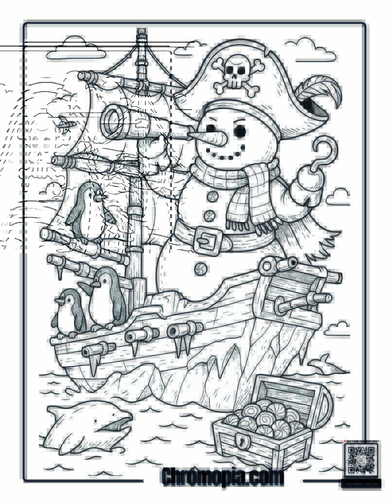 Snowman Pirate Captain on a Floating Ice Ship Coloring Page