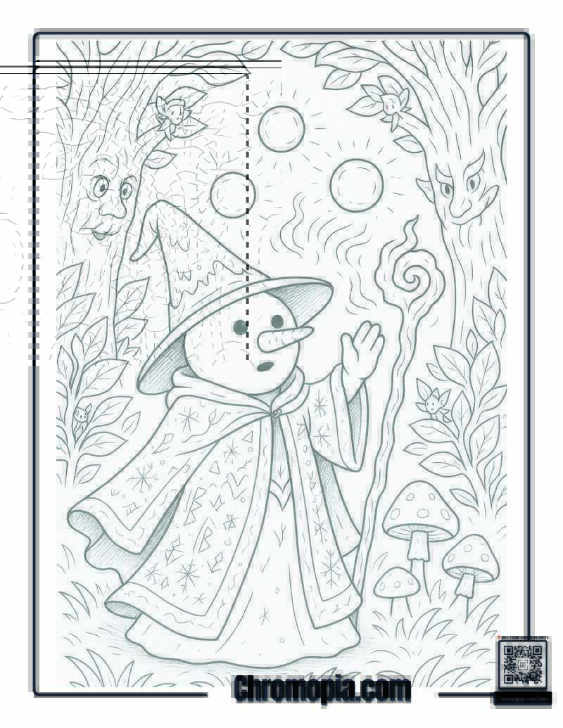 Snowman Sorcerer in an Enchanted Forest Coloring Page