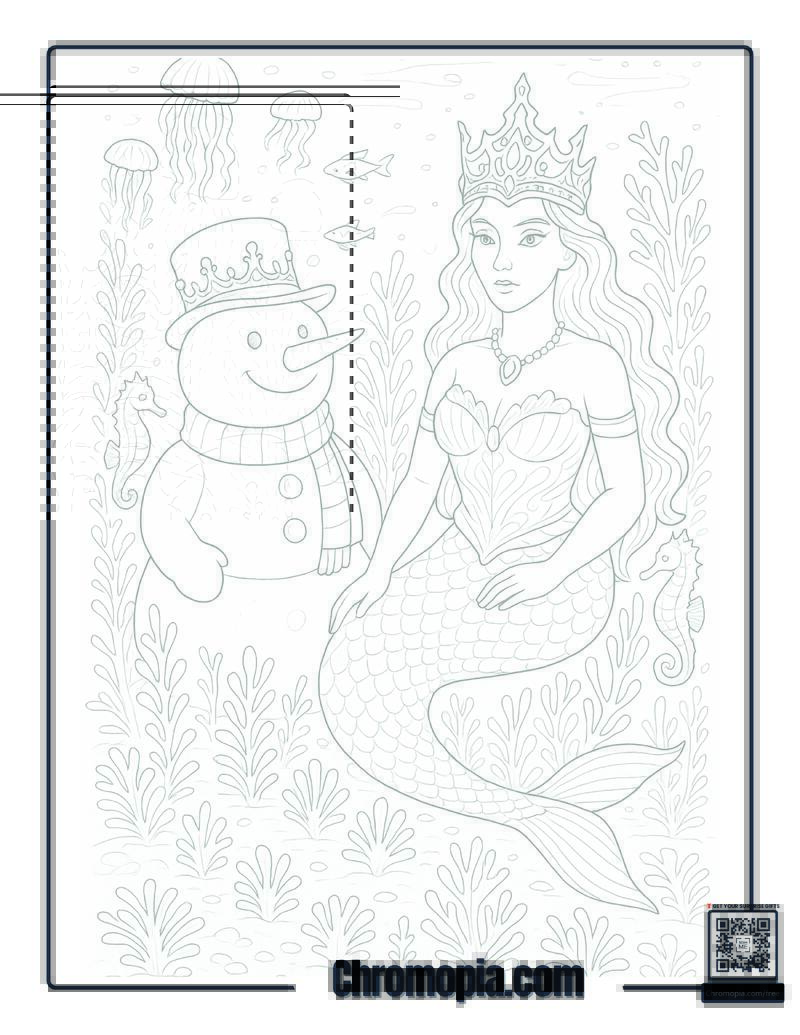 Snowman and the Mermaid Queen Underwater Coloring Page