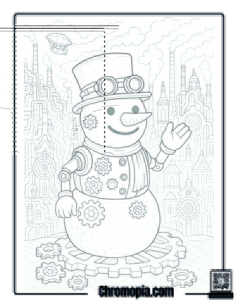 Steampunk Snowman in a Clockwork City Coloring Page