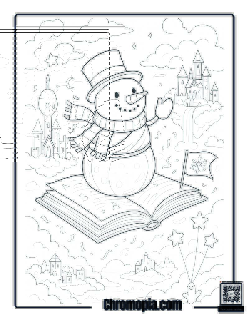 Storybook Snowman on a Flying Book Over a Magical Kingdom Coloring Page