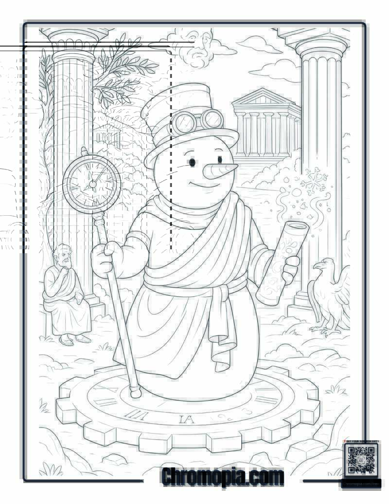 Time-Traveling Snowman in Ancient Greece Coloring Page