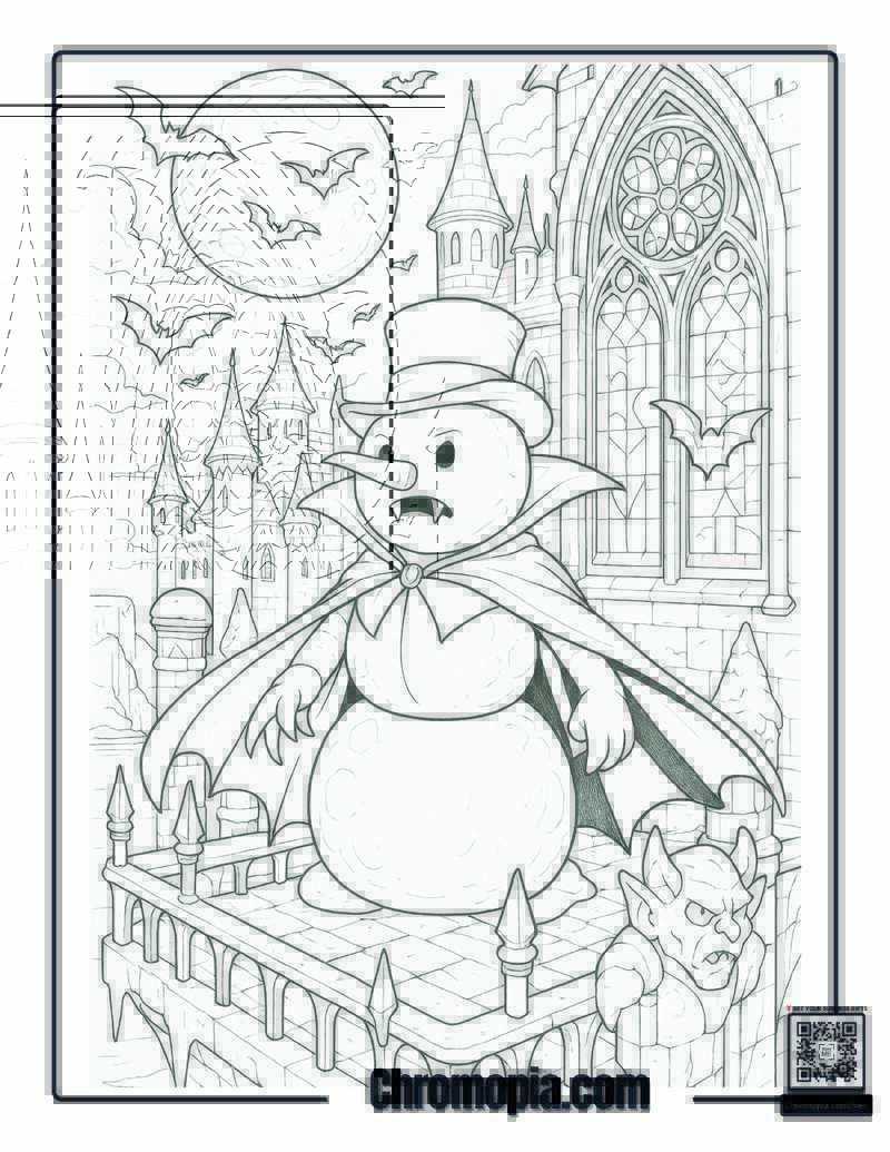Vampire Snowman in a Gothic Haunted Castle Coloring Page