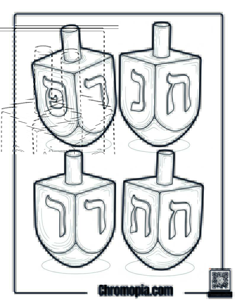 Four Hanukkah Dreidel Letters Coloring Page