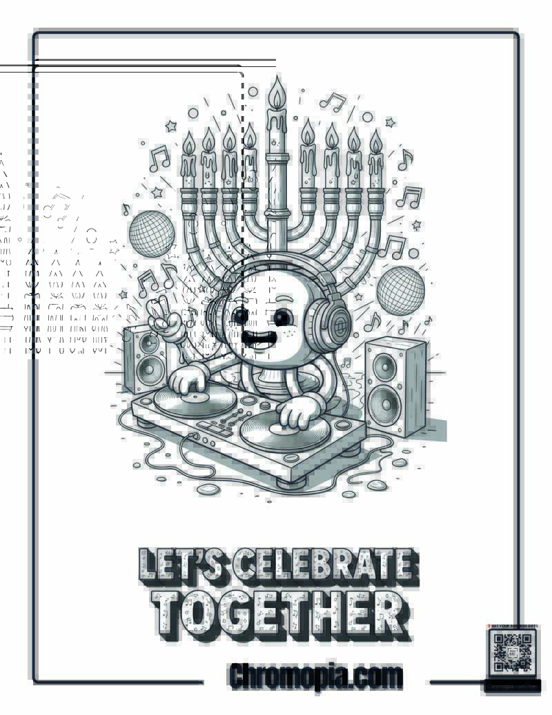 Dancing Hanukkah Menorah DJ Party Coloring Sheet
