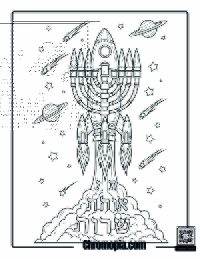 Hanukkah Menorah Rocket Ship Launch Coloring Page