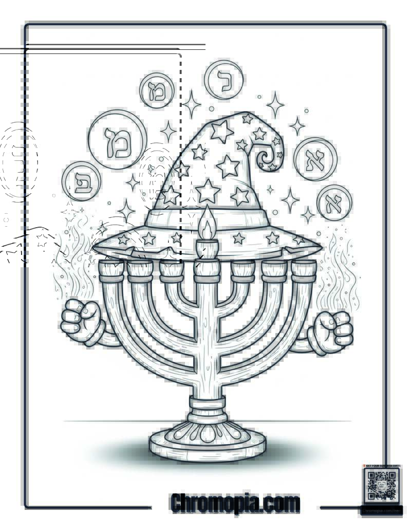 Magical Hanukkah Menorah Wizard Powers Coloring Sheet
