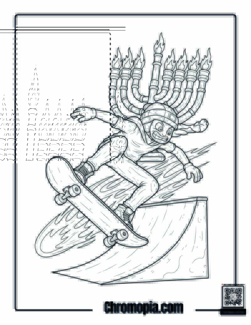 Skateboarding Hanukkah Menorah Extreme Sports Coloring Page