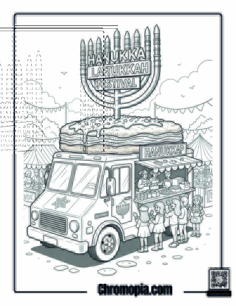 Hanukkah Latke Food Truck Festival Coloring Sheet