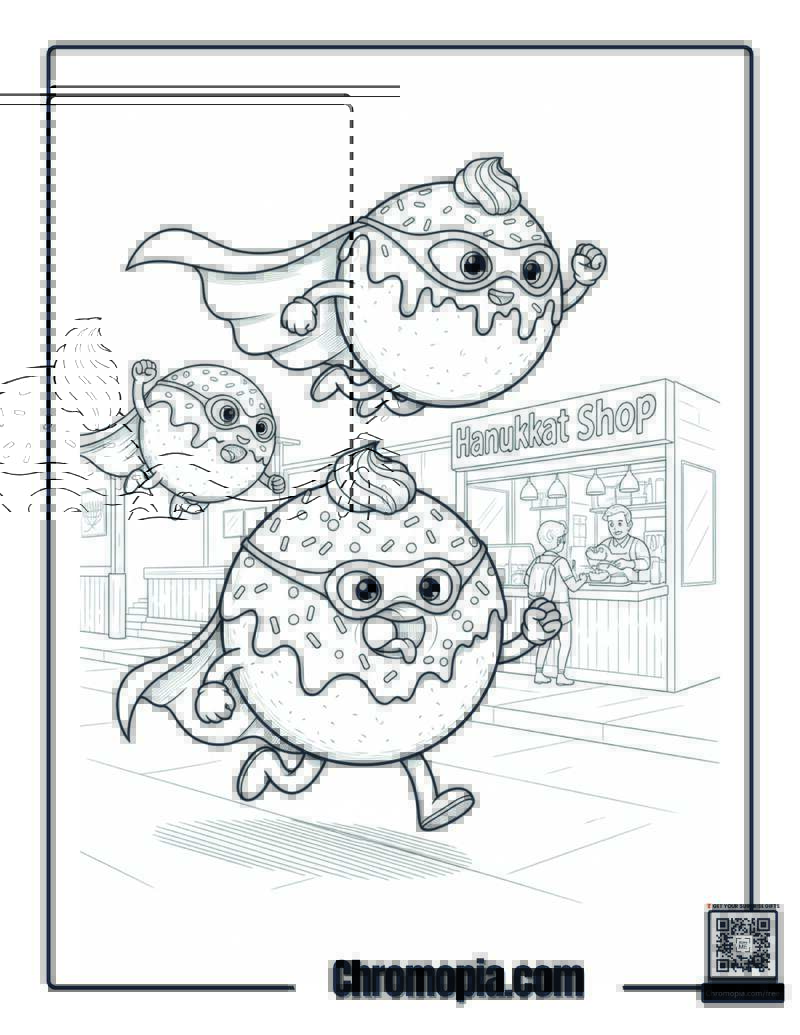 Hanukkah Sufganiyot Donut Shop Superhero Coloring Page