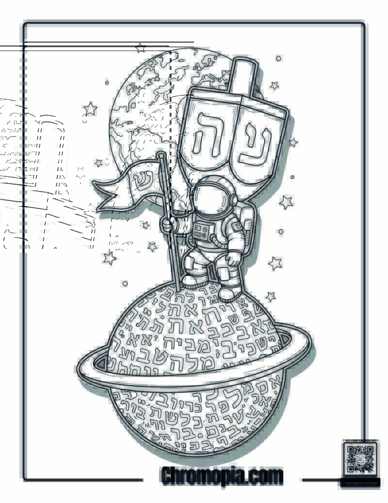 Astronaut Hanukkah Dreidel Space Explorer Coloring Page