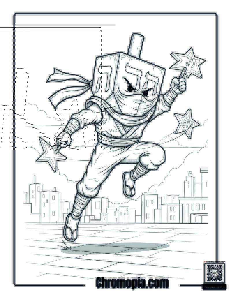 Ninja Hanukkah Dreidel Warrior Battle Coloring Page