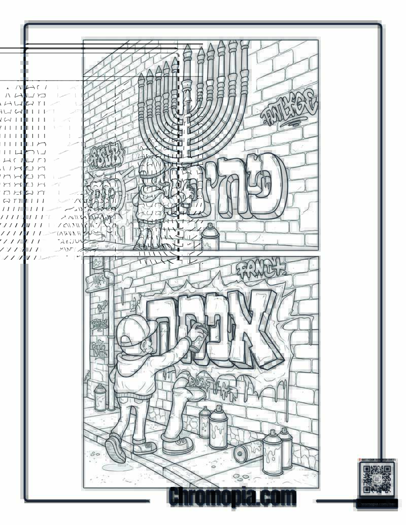 Hanukkah Hebrew Graffiti Street Art Coloring Sheet