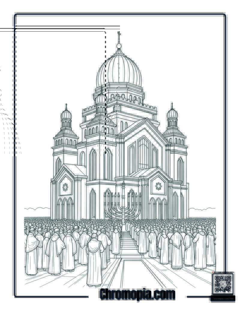 Stylized Hanukkah Temple Rededication Scene Coloring Page