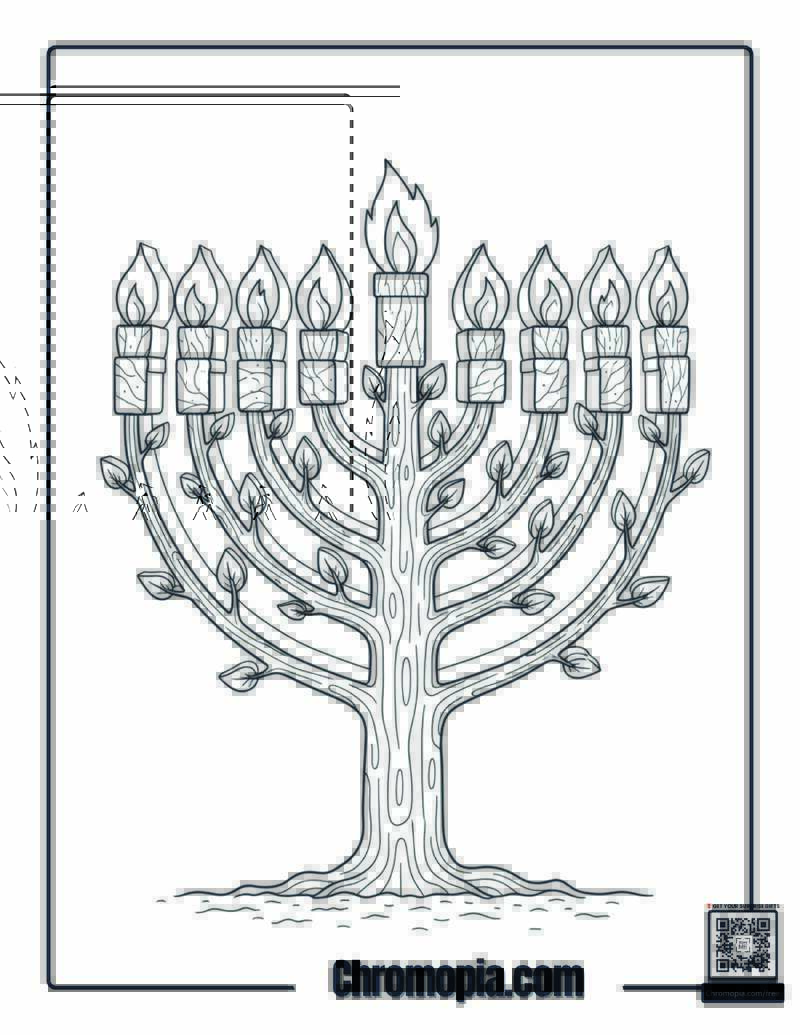 Nature-Inspired Hanukkah Menorah Tree Coloring Page