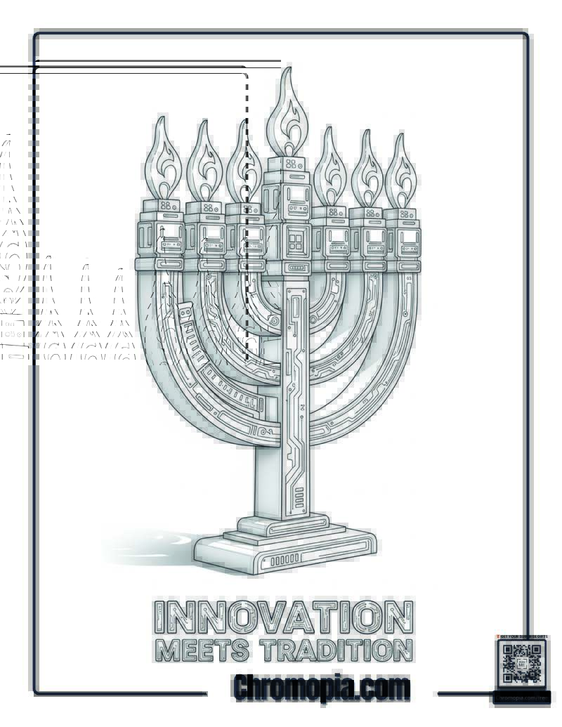 Tech-Forward Hanukkah Menorah Innovation Coloring Sheet