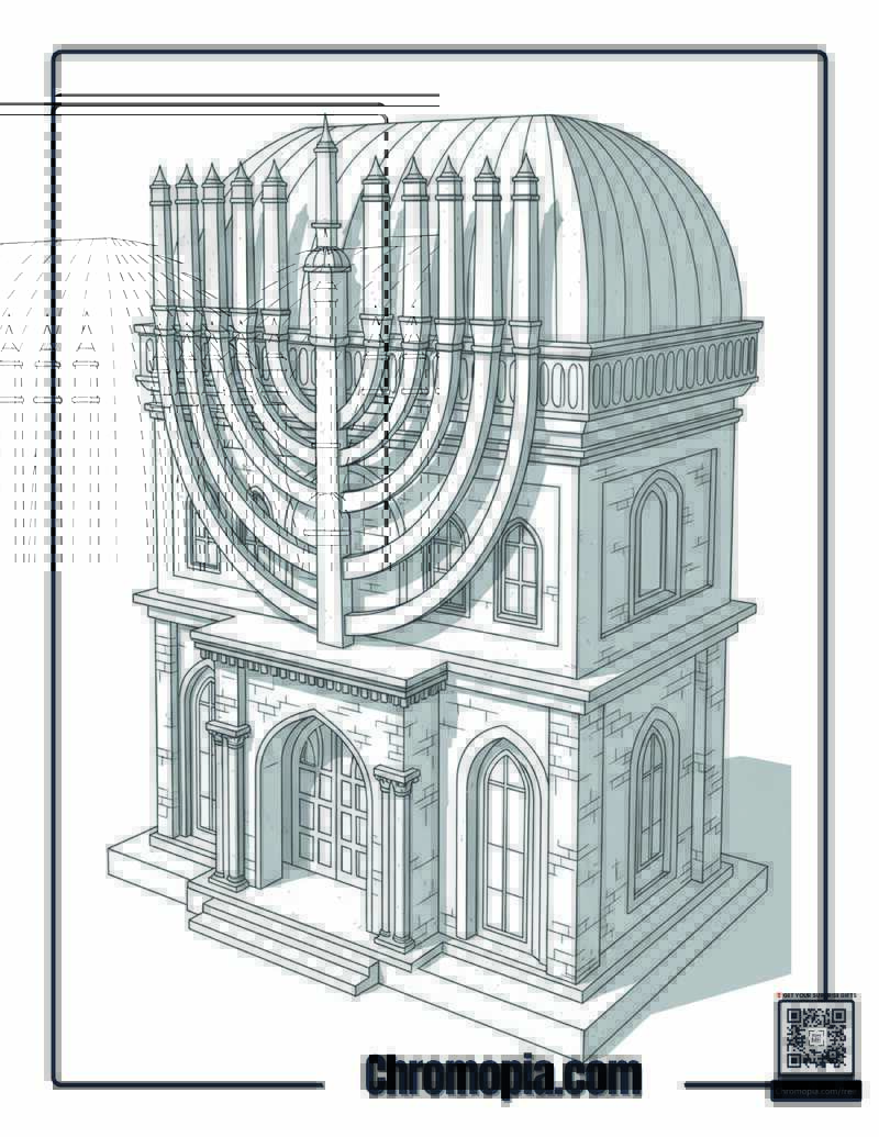 Architectural Hanukkah Temple Blueprint Design Coloring Page