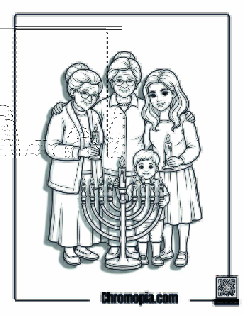 Four Generations Hanukkah Lighting Ceremony Coloring Sheet