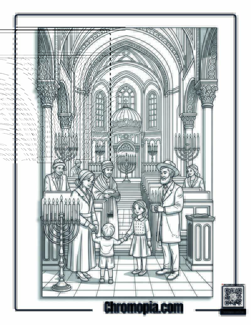 French Hanukkah Parisian Synagogue Elegance Coloring Page