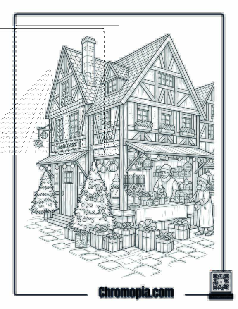 German Hanukkah Christmas Market Fusion Coloring Sheet