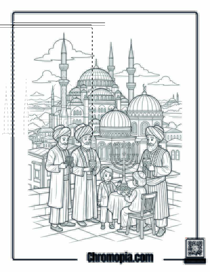 Turkish Hanukkah Istanbul Bosphorus Setting Coloring Page