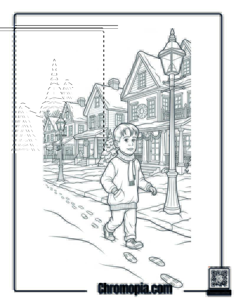 Home Alone Snowy Street Scene Coloring Sheet