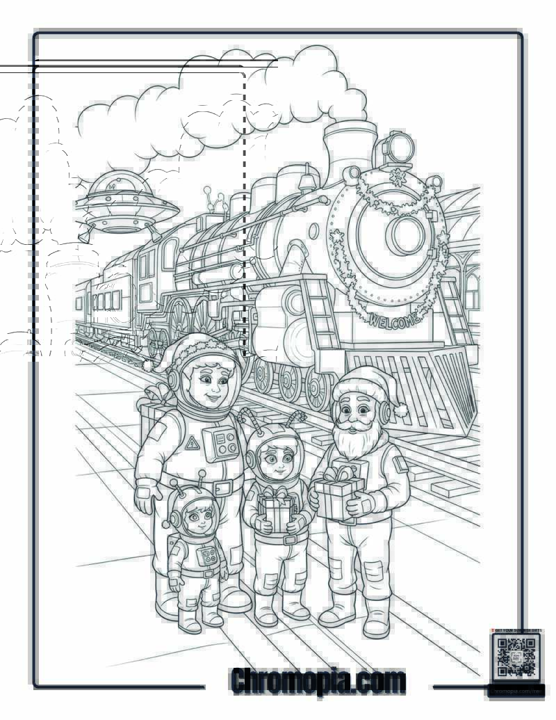 Alien Family Christmas Polar Express Encounter Coloring Page