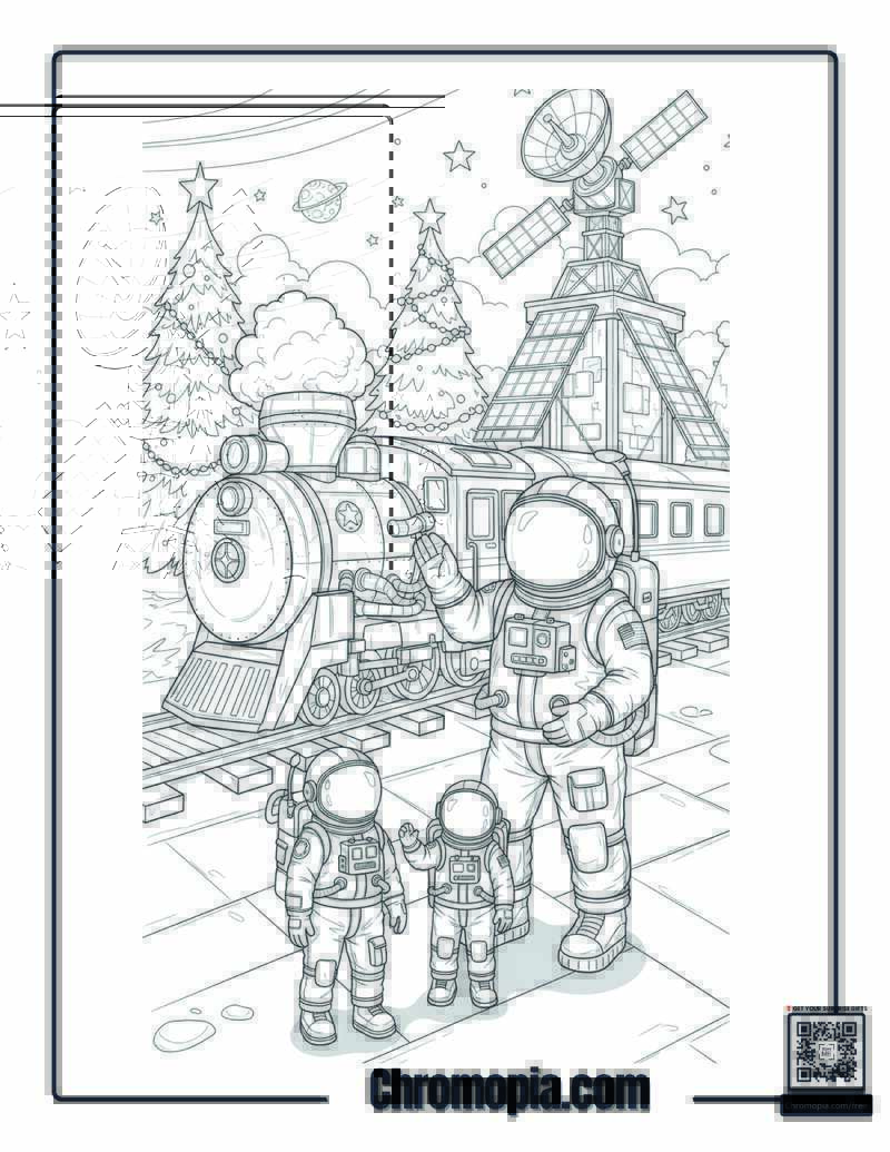 Astronaut Space Family Polar Express Station Coloring Page