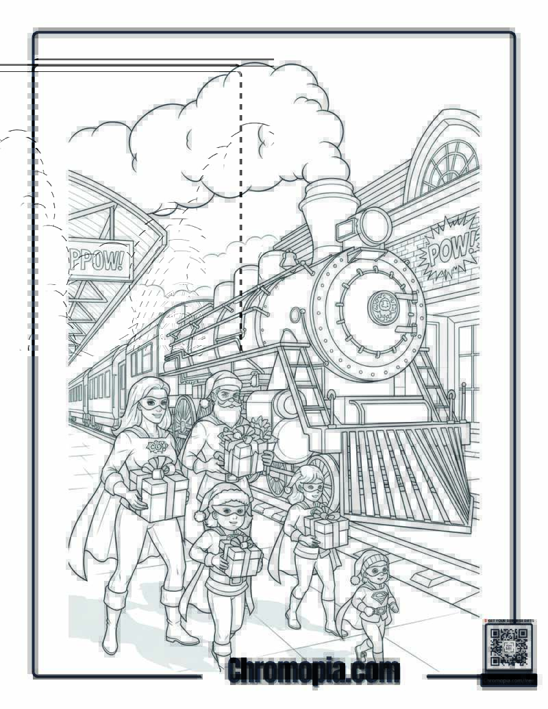 Superhero Family Christmas Polar Express Stop Coloring Sheet