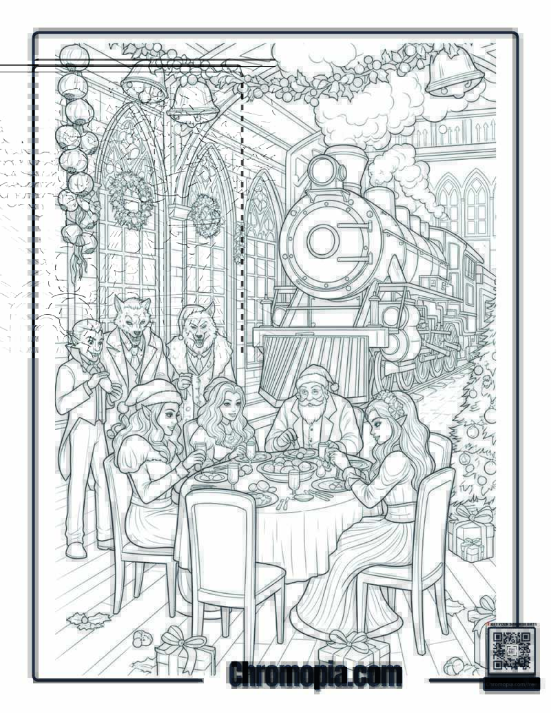 Vampire and Werewolf Christmas Polar Express Party Coloring Page