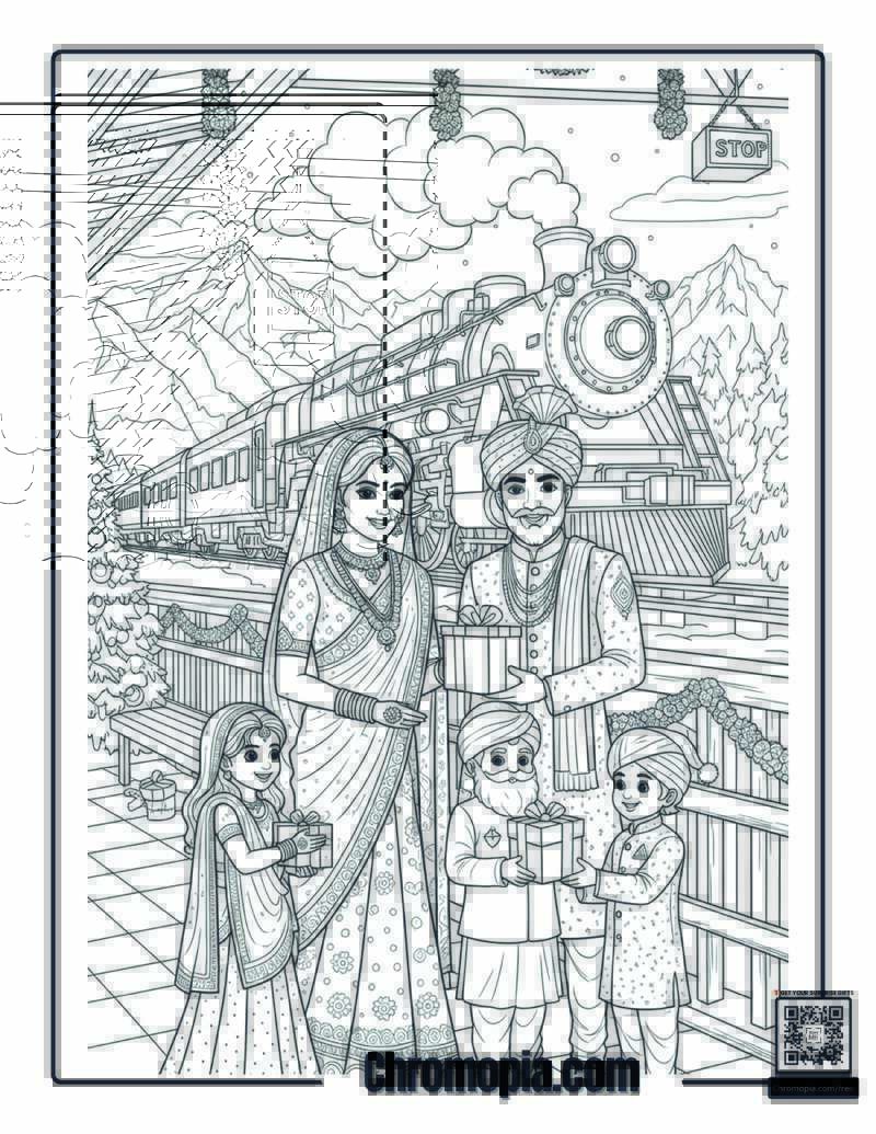 Indian Family Polar Express Christmas Stop Coloring Page