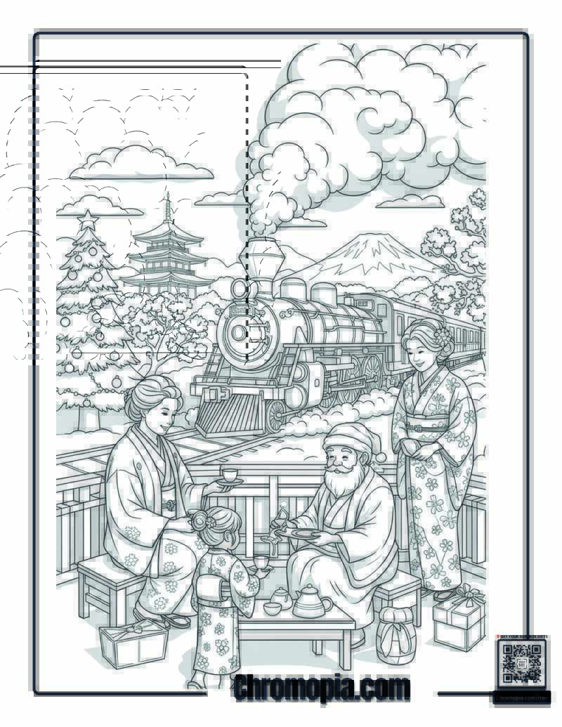 Japanese Traditional Christmas Polar Express Station Coloring Sheet