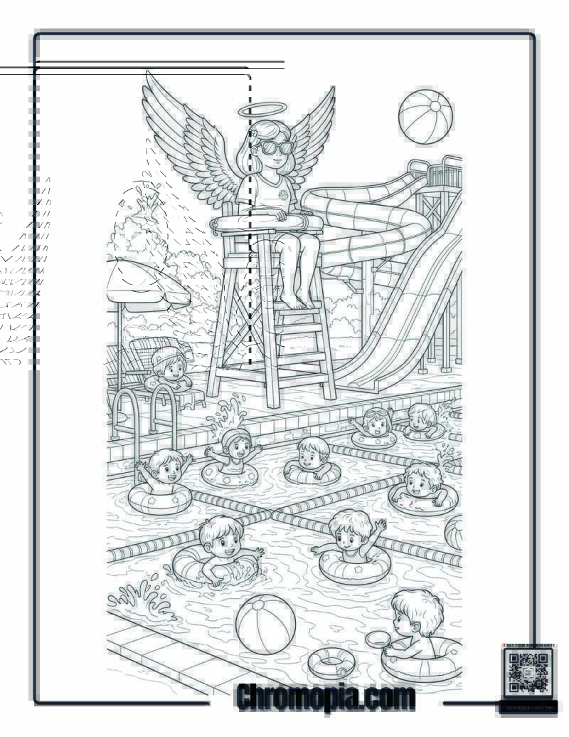 Angel Swimming Pool Lifeguard Duty Coloring Sheet