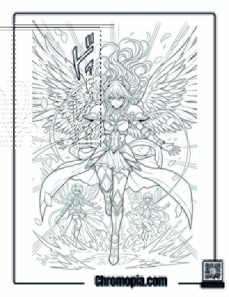 Anime Style Angel Dramatic Action Coloring Sheet