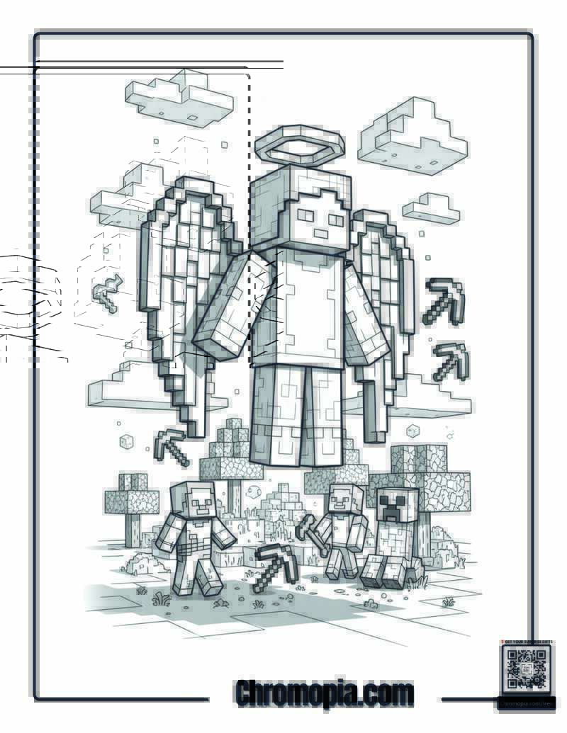 Minecraft Style Angel Pixelated World Coloring Sheet