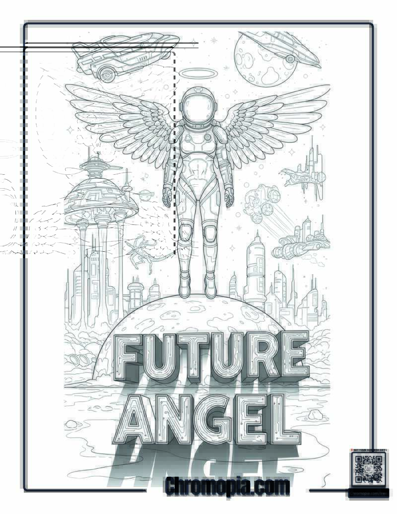 Sci-Fi Futuristic Angel Space Explorer Coloring Page