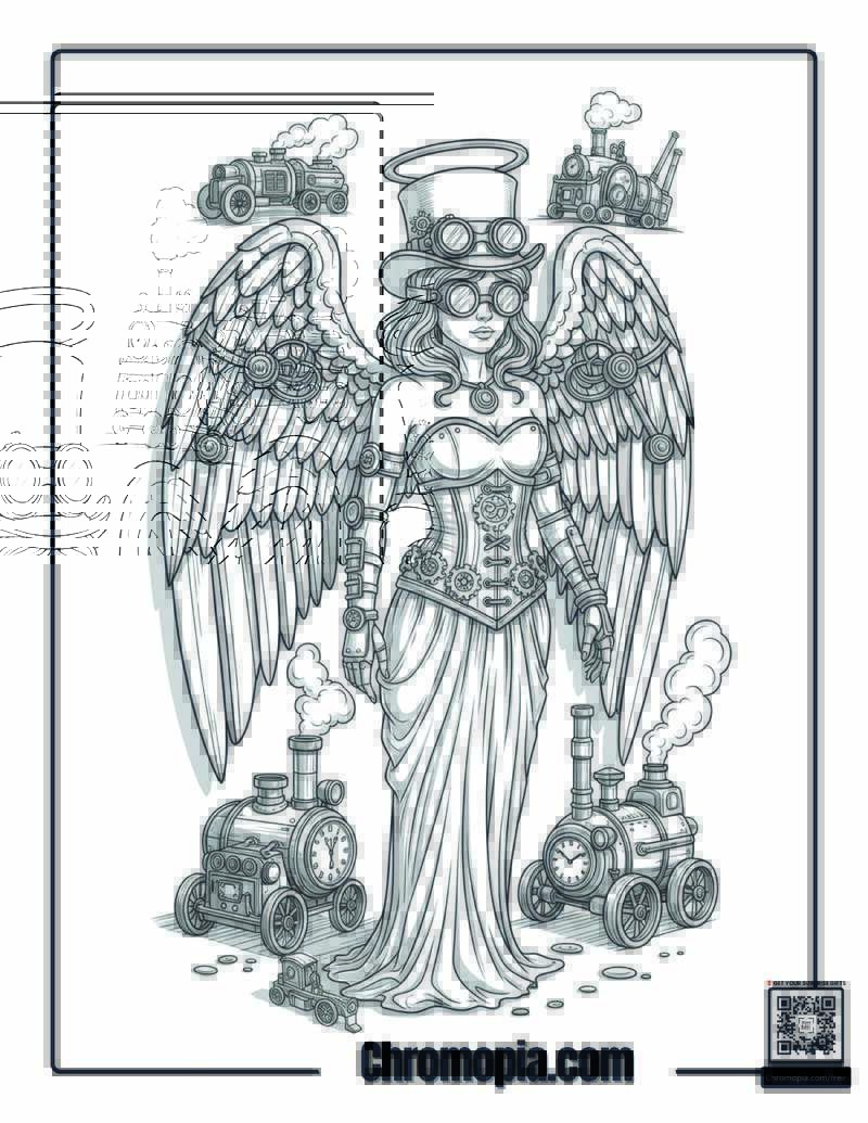 Steampunk Style Angel Victorian Machine Coloring Sheet