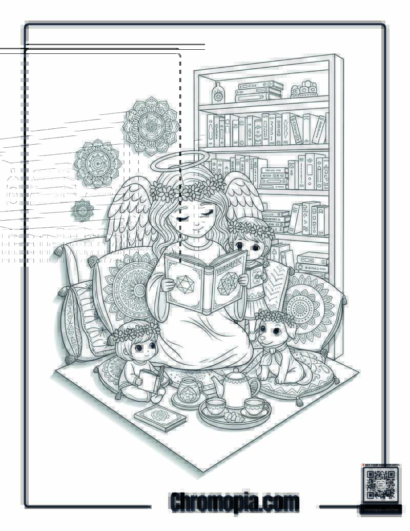 Angel Reading Corner Calm Sanctuary Coloring Page