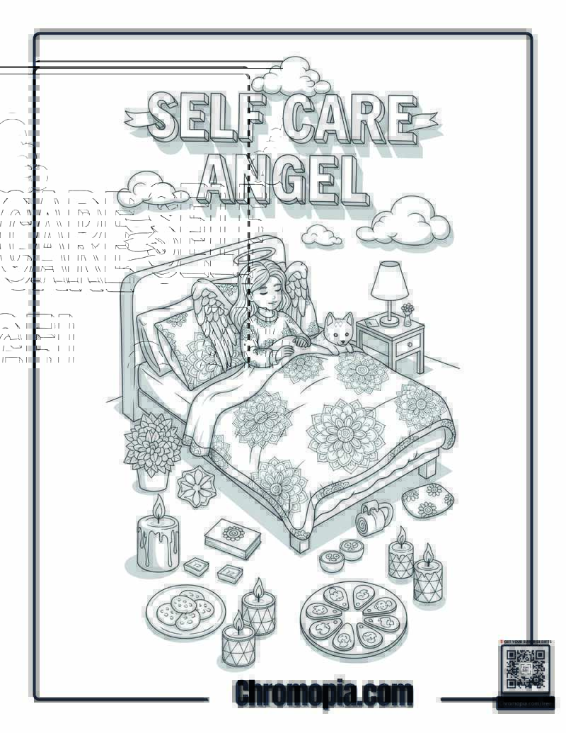 Cozy Bedroom Angel Self Care Coloring Sheet