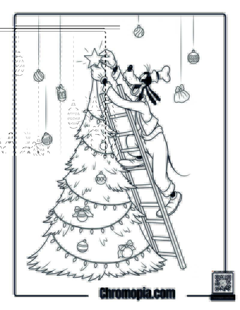 Goofy Decorating Christmas Tree Coloring Page