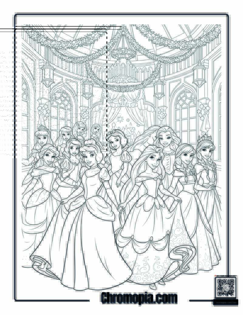 Disney Princesses Holiday Ball Coloring Sheet