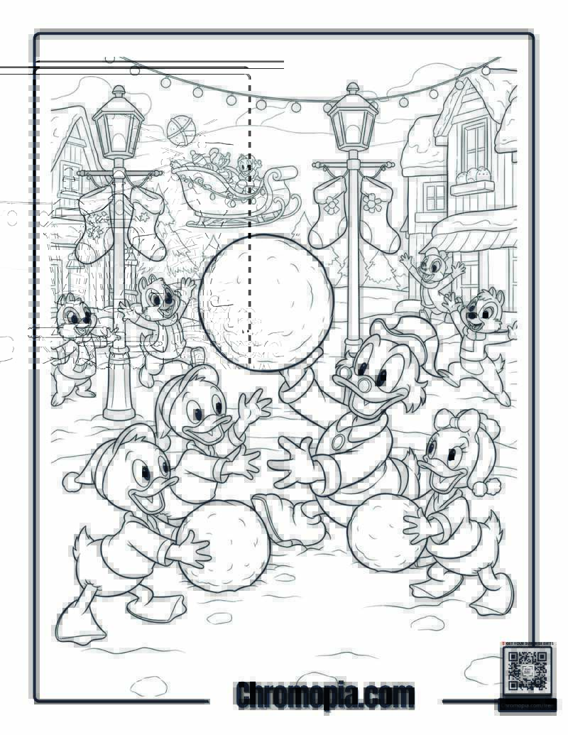 Duck Family Christmas Snowball Fight Coloring Sheet