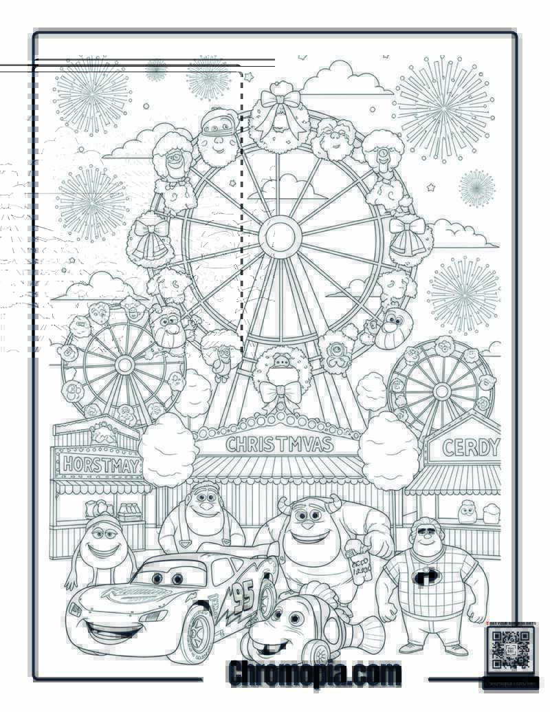 Pixar Characters Christmas Carnival Coloring Page