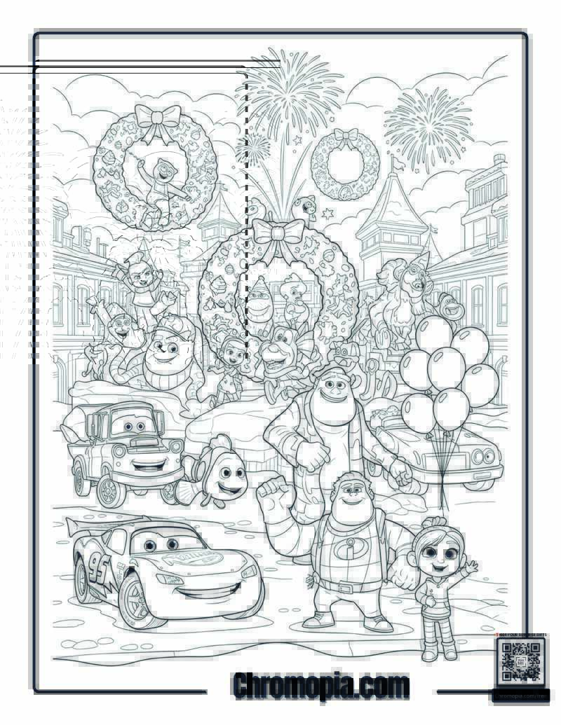Pixar Holiday Celebration Scene Coloring Sheet
